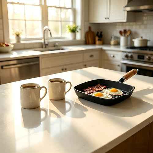 Cast Iron Grill Pan, 8.6 inch Griddle Pan Skillet with Pour Spout & Wooden Handle