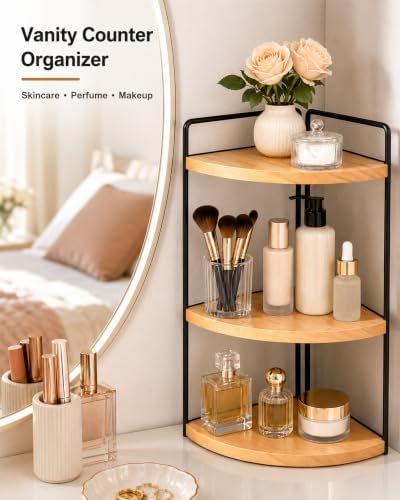 3-Tier Corner Bathroom Countertop Organizer, Solid Pine Wood