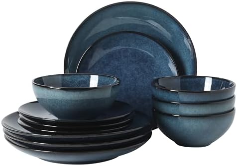 Gibson Elite Castle Peak Plates and Bowls Set, 12-Piece Dinnerware Set, Blue Reactive Glaze Stoneware Dishes, Dinner Plates, Salad Plates & Cereal Bowls