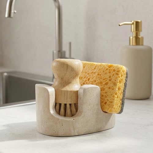 Travertine 2-Slot Sponge and Brush Holder, Beige