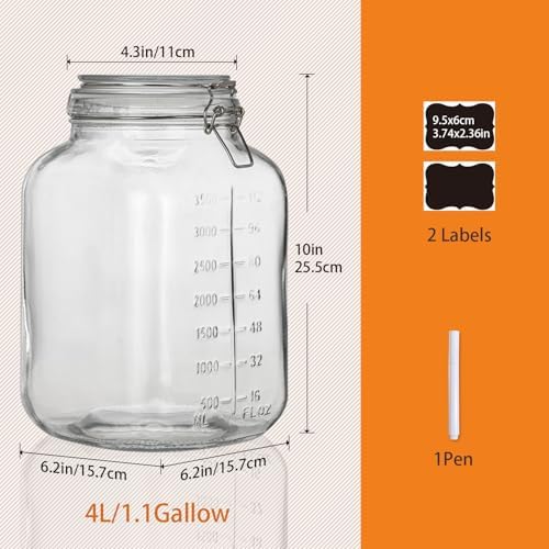 1.1 Gallon Large Glass Food Storage Jars with Airtight Lids,Set of 2
