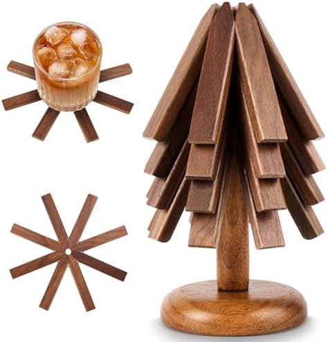 Wooden Trivets for Hot Dishes, Tree Shape Trivet Set, 4 Walnut Wood +