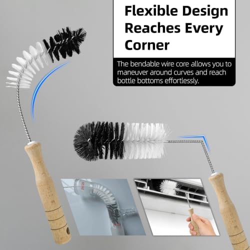 2 Pcs Bottle Brushes Set with Wooden Handle, Long Thin Flexible
