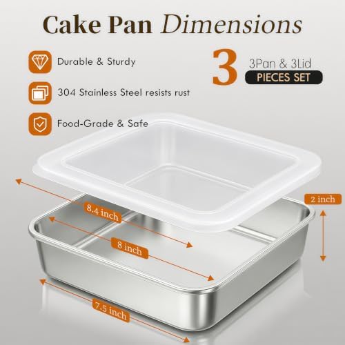 8x8 Stainless Steel Baking Pan with Lid, Square Brownie Cake Pan Set