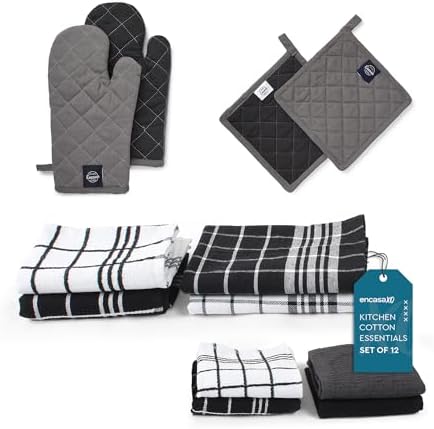 Encasa XO Kitchen and Dish Towels, Oven Mitts Set Grey Combo