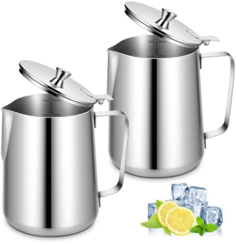 2 Pcs Stainless Steel Pitcher with Lid, 67 oz Silver Metal Measuring
