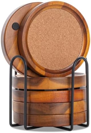 Acacia Wood Cork Coasters with Holder - Absorbent Rustic Cork Coasters