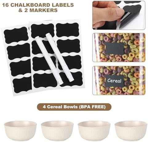 Cereal Dispenser Countertop with Cereal Bowls,16 Labels & Pen, Cereal Containers Storage, Candy Dispenser, Dry Food Dispenser For Pantry - Not Easy to Crush Food (White, 2 Pack)
