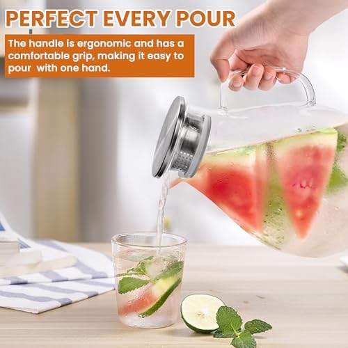 SUSTEAS 3 Litre 101oz Glass Pitcher with Lid and Spout, Handmade