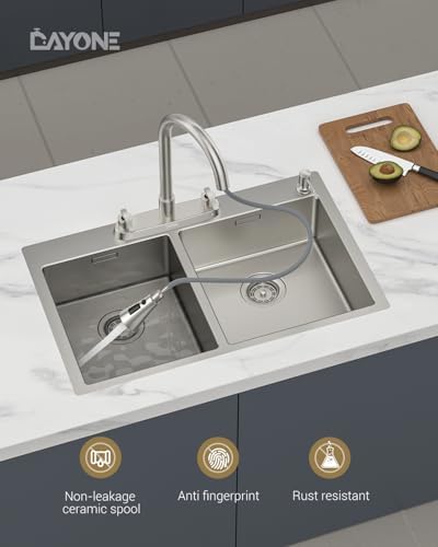 DAYONE 2 Handle Kitchen Faucet with Pull Down Sprayer, 4 Holes Sink
