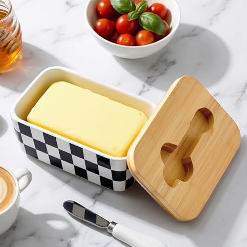 Butter Dish with Lid for Countertop, Checkered Ceramic Butter