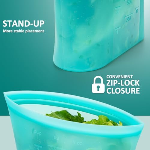 8-Pack Reusable Silicone Food Storage Bags, 100% Silicone Stand-Up