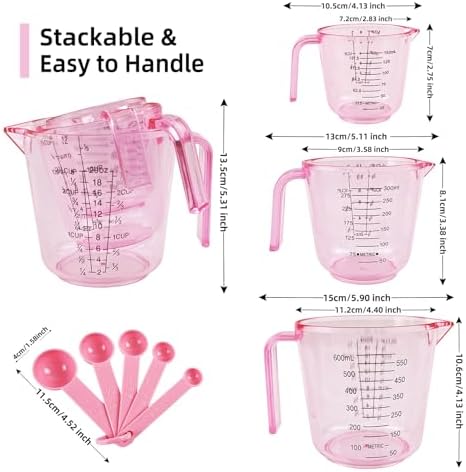 Pink Plastic Measuring cup Measuring spoon Set: 3 Stackable Liquid