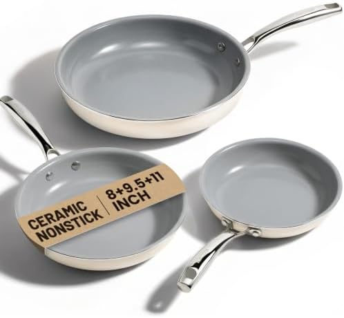 Kikcoin Ceramic Nonstick Frying Pans Set, 3 Piece Skillets