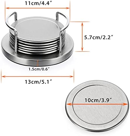 JUXYES Set of 6 Stainless Steel Metal Round Coaster with Holder for