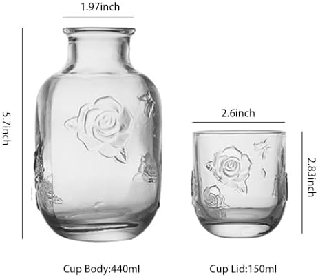 Bedside Water Carafe Set, 15 oz Clear Floral Glass with Tumbler Lid