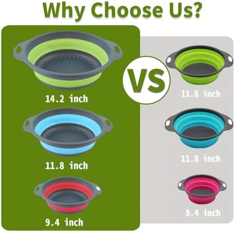 Collapsible Colander Set, 3 Pack Silicone Strainers for Kitchen-BPA