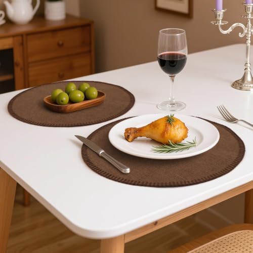 15" Round Placemats Set of 6, Faux Linen Cloth Place Mats, Coffee