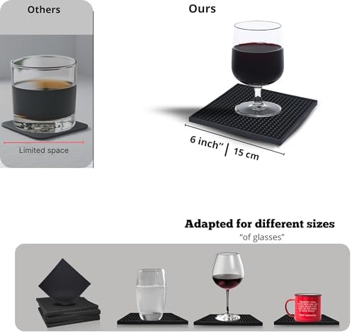 Silicone Coasters Set - 6 Pack - 6 Inch Square Drink Coasters for