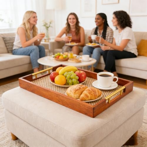 17.7x12in Wood Serving Tray with Handles Suitable for Coffee Tables