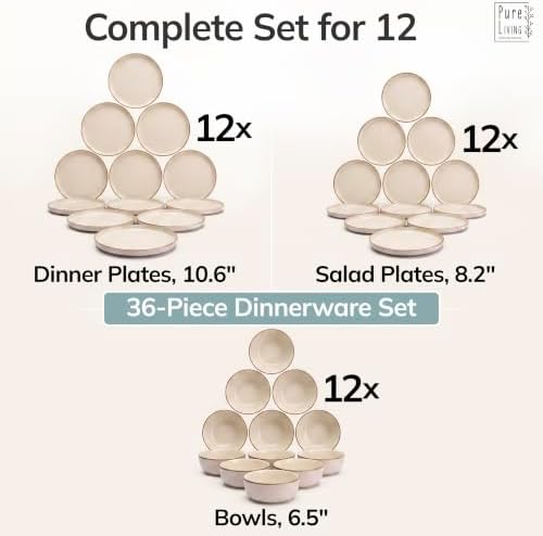 36 Piece Stoneware Dinnerware Set for 12, Handmade Plates and Bowls Set