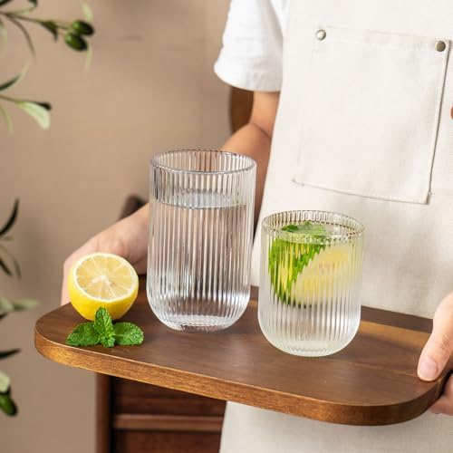 Ribbed Drinking Glasses 8pcs, Rocks Drinking Glasses 12oz and 10oz