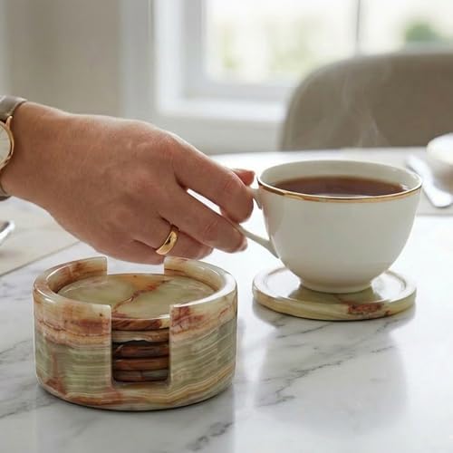 Radicaln Round Marble Coasters Set of 6 with Holder - Green Onyx Stone