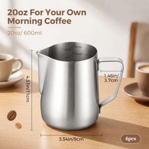 4 Pcs Milk Frothing Pitcher 304 Stainless Steel Steaming Pitcher 20 oz