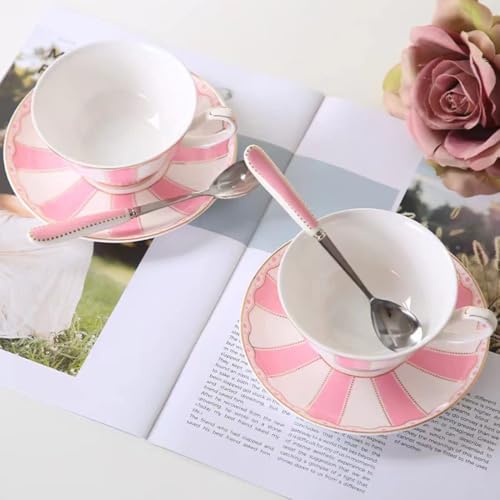 Bone China Pink Tea Cup with Saucer Spoon 3 Piece Set(7oz) Cappuccino