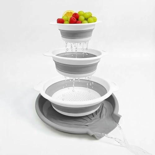 Collapsible Colanders Set, 3 Pack Food Strainers with Over-Sink Water