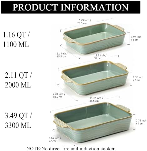 Ceramic Baking Dish Set of 3, Casserole Dishes for Oven, Rectangular