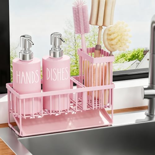 MASADI Pink &Silver Kitchen Dish Soap Dispenser Set with Sponge