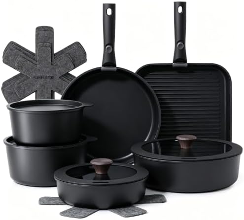 SENSARTE 17 Piece Nonstick Detachable Handle Pots and Pans Set Black