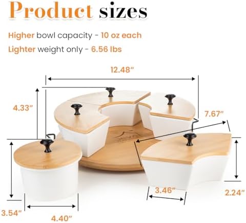 Chip and Dip Serving Set | Rotating Bamboo Lazy Susan Appetizer Tray with Black Handles | White Ceramic Bowls with Bamboo Lids | Divided Round Party Platter | Giftable