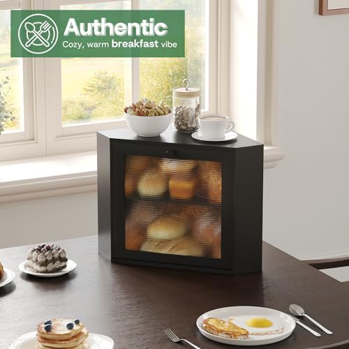 kiplant Black Corner Bread Box for Kitchen Countertop - Bamboo Wood, Wavy Acrylic Door, Adjustable 2-Layer Bread Storage Container, Large Bread Holder