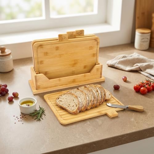 4 Pack 13.2"L x 8.9"W Bamboo Cutting Boards with Holder and Food Icons