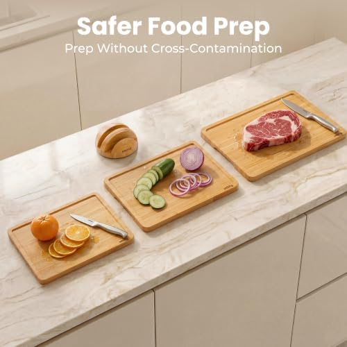 SMIRLY Cutting Boards for Kitchen, 3 Piece Bamboo Cutting Board with Stand