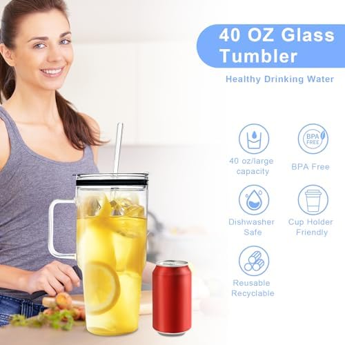 Glass Tumbler with Straws and Lids, 40oz Large Glass Coffee Tumbler