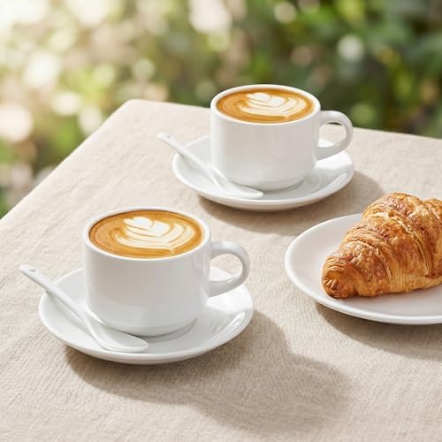 Hedume 6 Pack 5 OZ Espresso Cups with Saucers and Spoons, Stackable