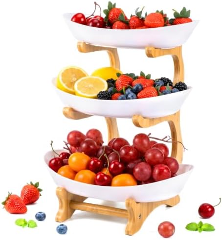 3 Tier Fruit Bowl for Counter, Plastic Serving Bowl With Bamboo Stand