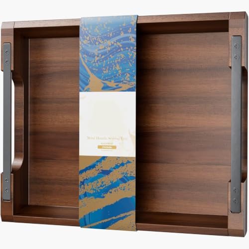 Acacia Wood Serving Tray with Metal Handle, 17X13In Tray for Ottoman