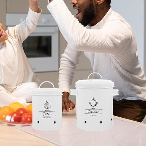 Kichvoe 2pcs White Metal Potato Storage Bin with Light Shielding Lid