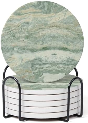 Set of 6 Sage Green Abstract Onyx Marble Coasters with Holder