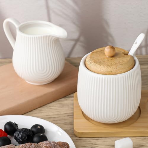 Ceramic Sugar and Creamer Set,10oz Sugar Bowl with Lid,8.5oz Cream