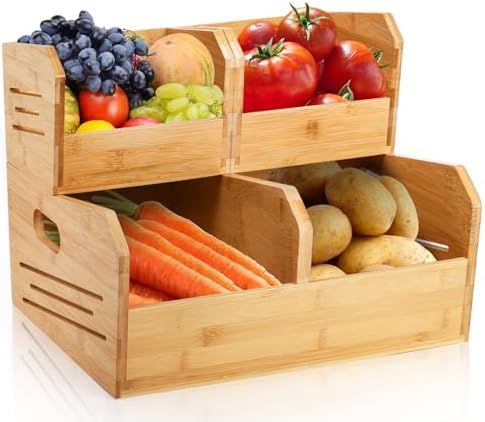 Noamus 2 Tier Bamboo Stackable Storage Bins, 4 Compartment Potato and