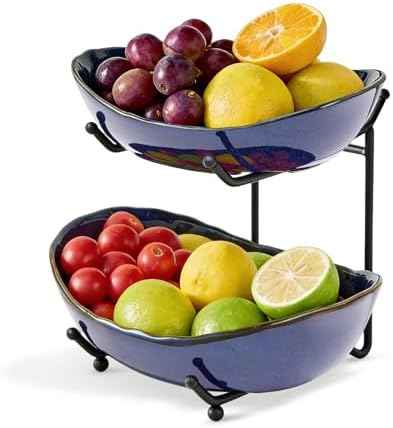 DUJUST 2 Tier Fruit Bowl, Kiln Altered Glaze Ceramic Fruit Stand, Stackable & Easy to Store, Multifunctional Serving Tray for Fruit/Vegetables/Snacks, Microwave & Dishwasher Safe - Dark Blue