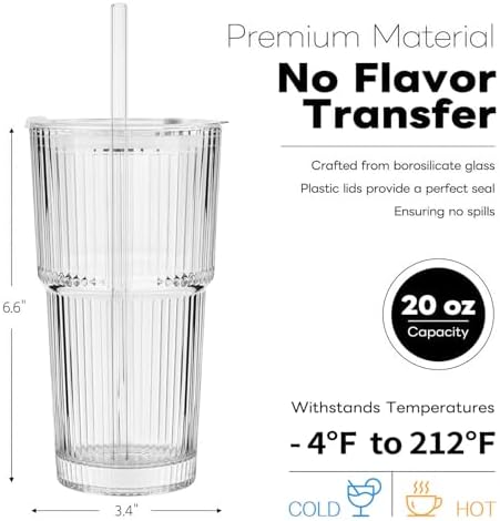 TUZAZO 4 Pack 20oz Ribbed Glass Tumblers with Lids and Straws