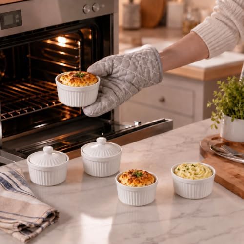 Small Ramekins with Lids, 5.5 Oz Full Capacity Ceramic Souffle Bowls