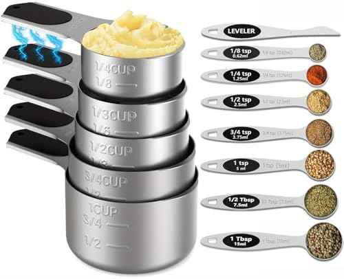 Measuring Cups and Spoons Set,304 Stainless Steel 5 Magnetic Measuring Cups and 8 Sigle Sided Measuring Spoons with 1 Leveler,Kitchen Gadgets for Cooking & Baking