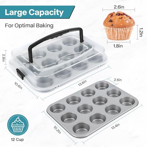 2-Pack Cupcake Pan with Lid, 12-Cup Nonstick Muffin Pan with Handle
